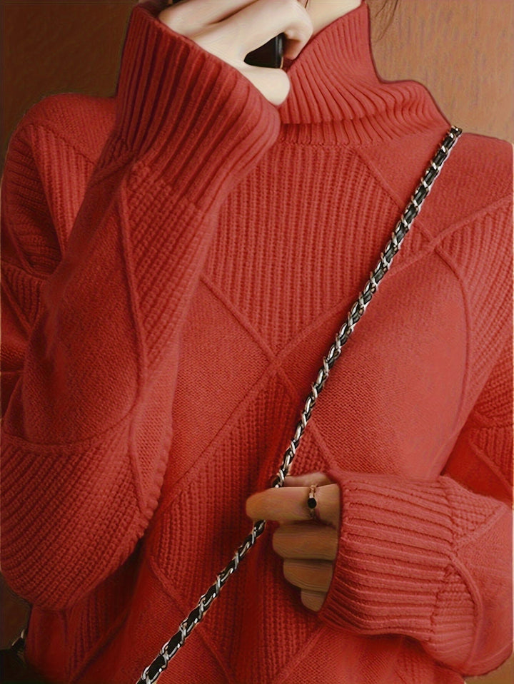 Women's Diamond Knit Turtleneck Sweater with Balloon Sleeves