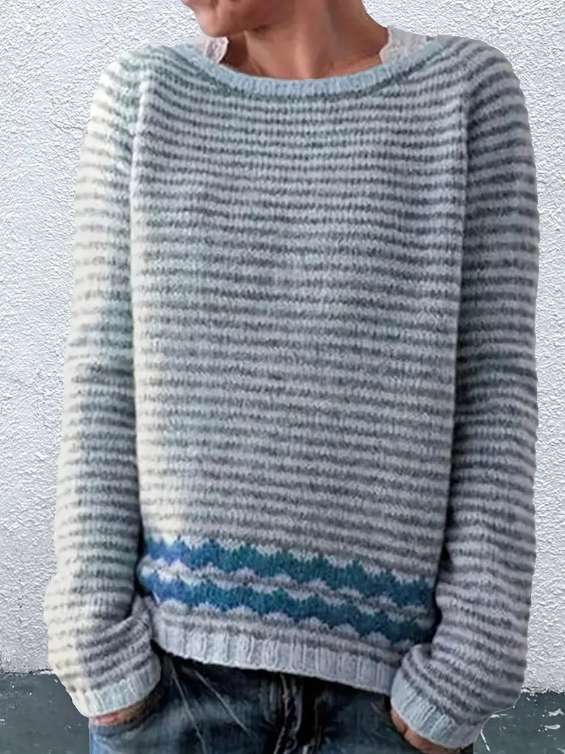 Women's Cozy Striped Sweater with Zigzag Hem
