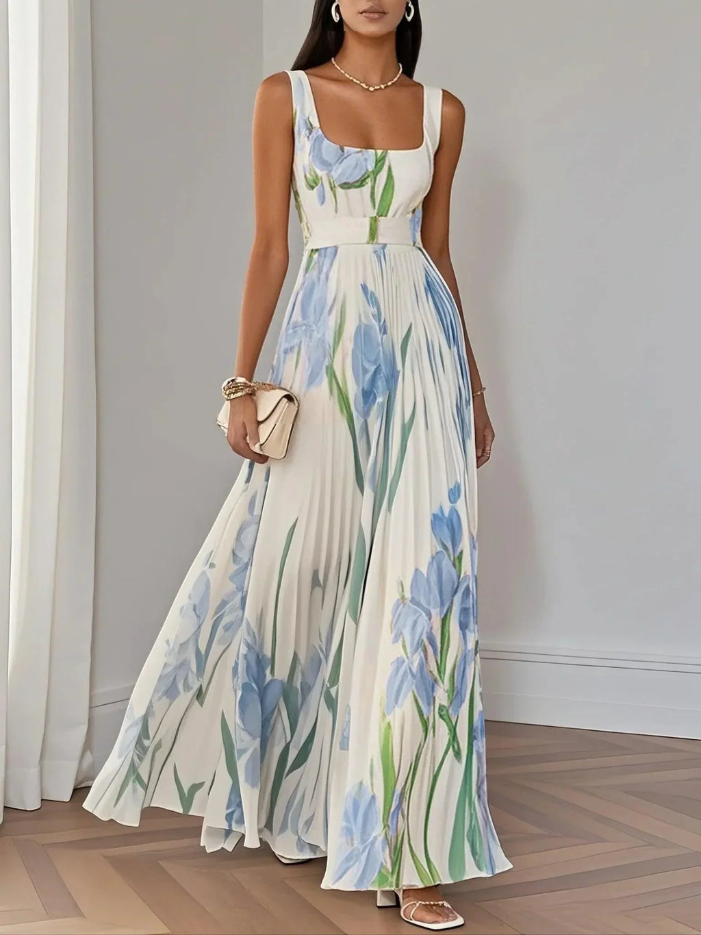 Marie | Women's White Floral Chiffon Pleated Maxi Dress-Trendy 4 Fit