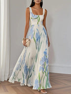 Marie | Women's White Floral Chiffon Pleated Maxi Dress-Trendy 4 Fit