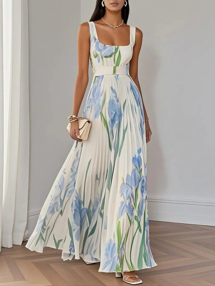 Marie | Women's White Floral Chiffon Pleated Maxi Dress-Trendy 4 Fit