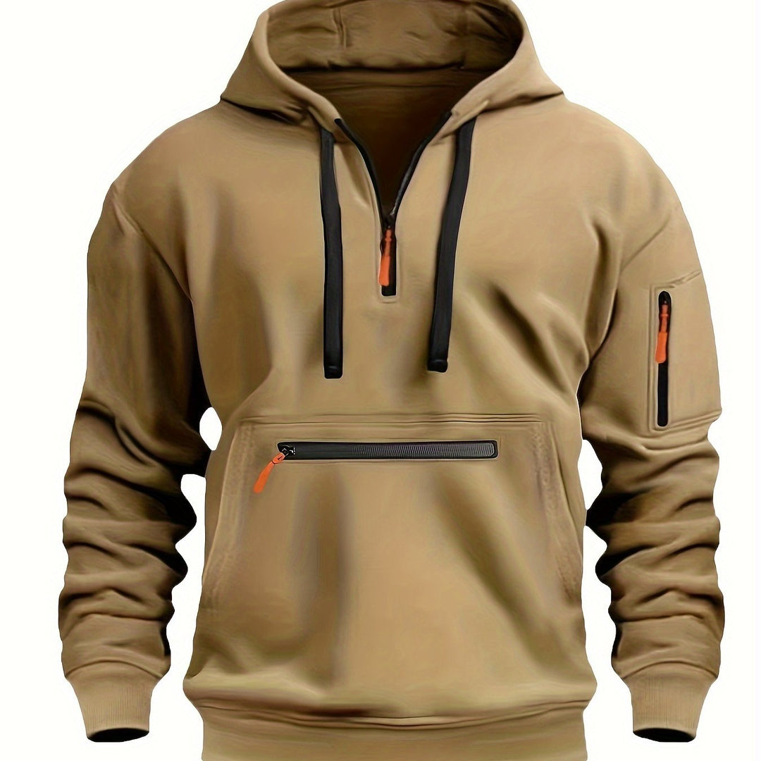 Men's Solid Color Half-Zip Long Sleeve Casual Hoodie with Pocket