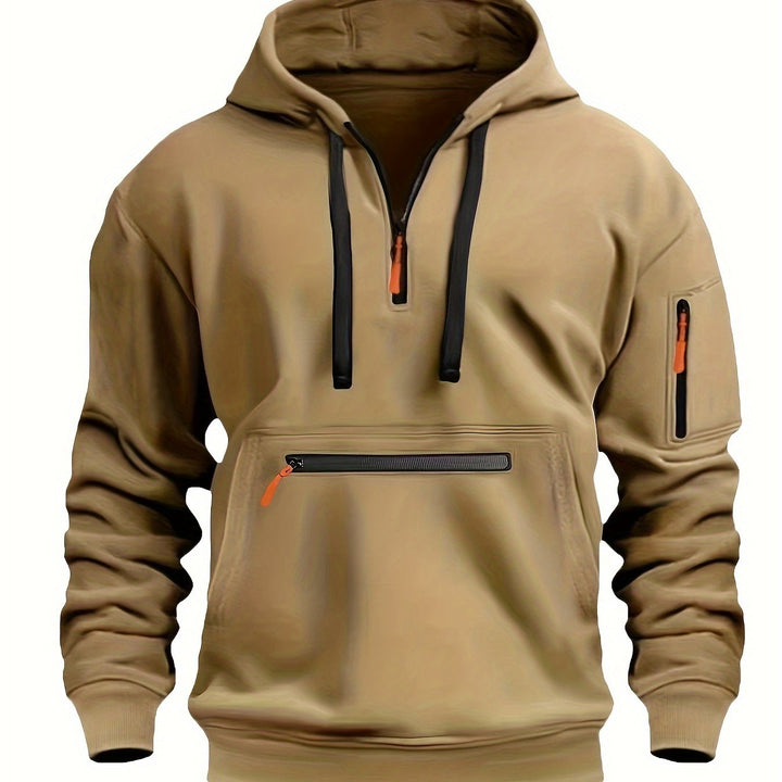 Men's Solid Color Half-Zip Long Sleeve Casual Hoodie with Pocket