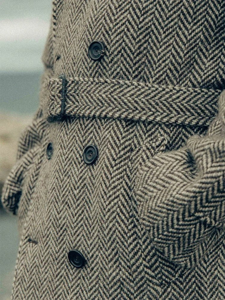 Men's Long Herringbone Pattern Coat for Stylish Winter Wear