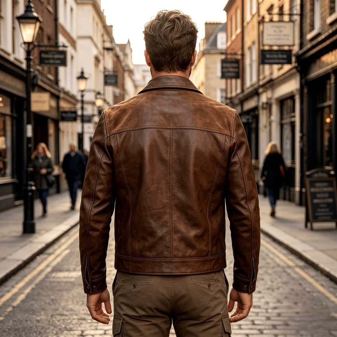 Men's Leather Trucker Jacket with Chest Pockets