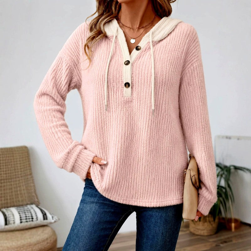Women's V-Neck Loose Fit Button-Up Hoodie