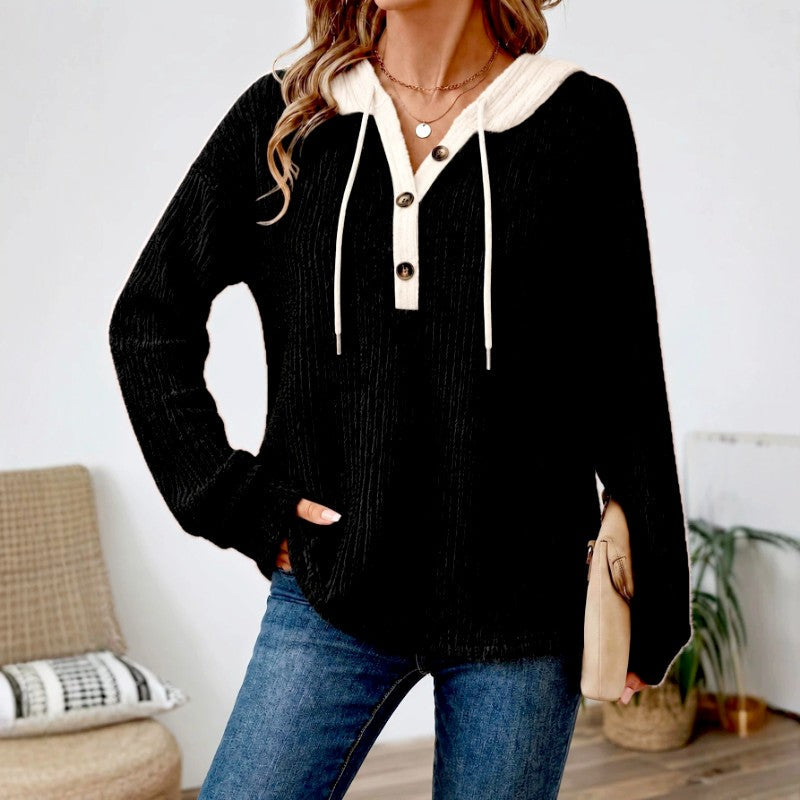 Women's V-Neck Loose Fit Button-Up Hoodie