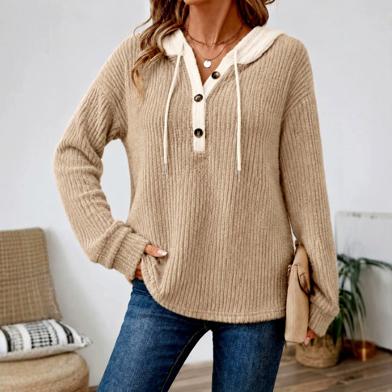 Women's V-Neck Loose Fit Button-Up Hoodie