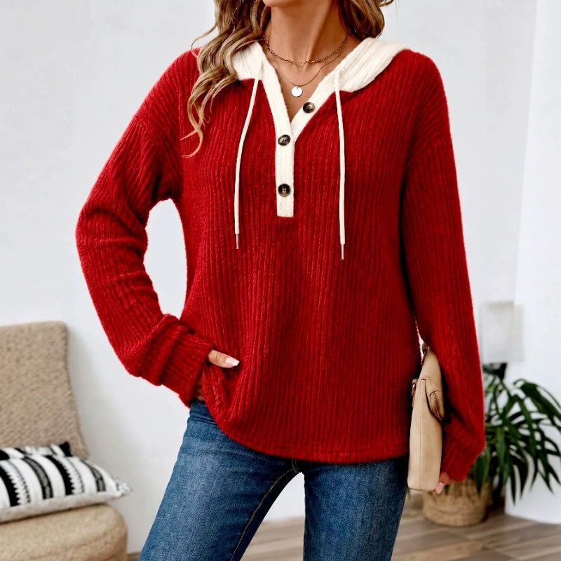 Women's V-Neck Loose Fit Button-Up Hoodie