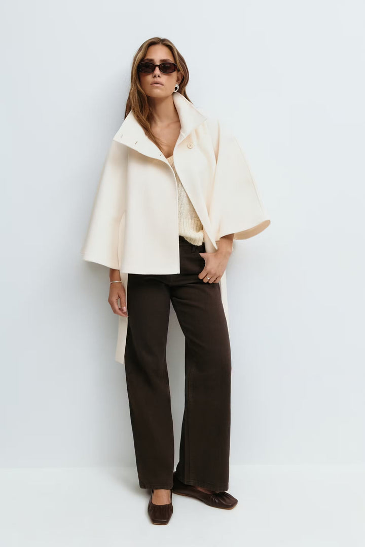 Women's Belted High-Collar Cape Coat for Office and Evening Wear