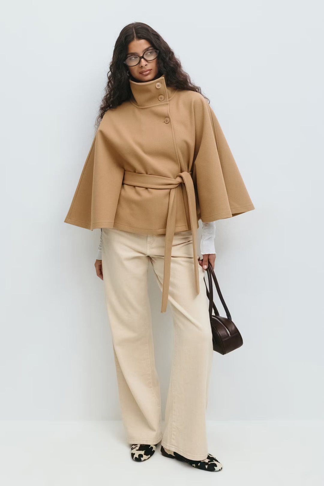 Women's Belted High-Collar Cape Coat for Office and Evening Wear