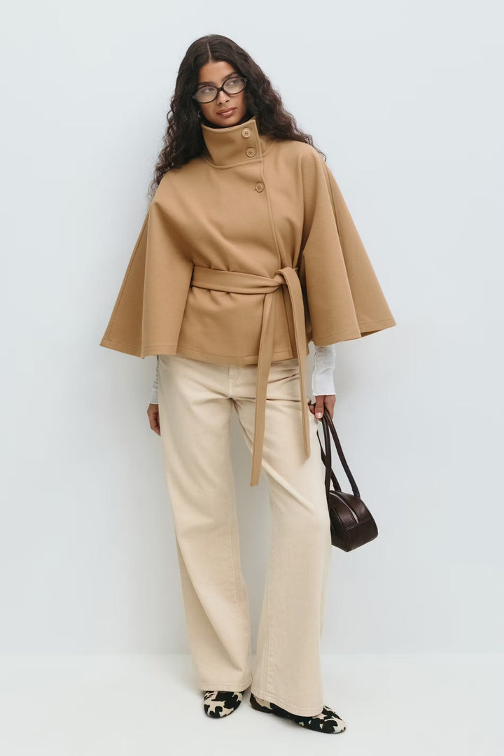 Women's Belted High-Collar Cape Coat for Office and Evening Wear