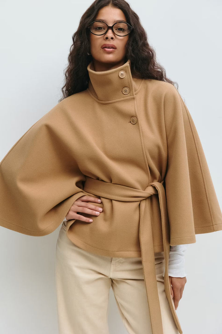 Women's Belted High-Collar Cape Coat for Office and Evening Wear