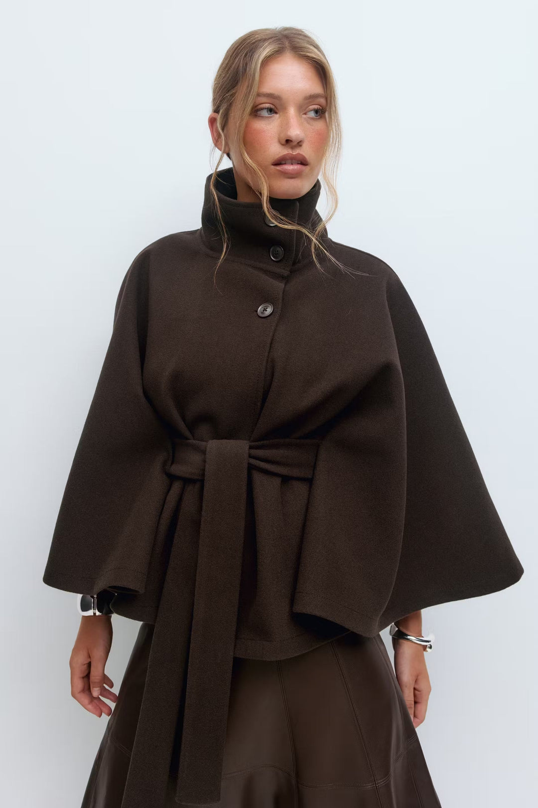 Women's Belted High-Collar Cape Coat for Office and Evening Wear