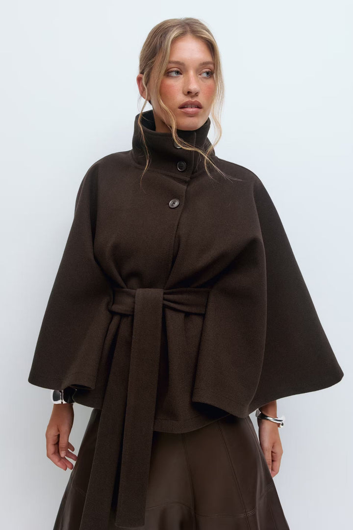 Women's Belted High-Collar Cape Coat for Office and Evening Wear