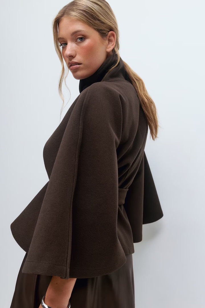 Women's Belted High-Collar Cape Coat for Office and Evening Wear