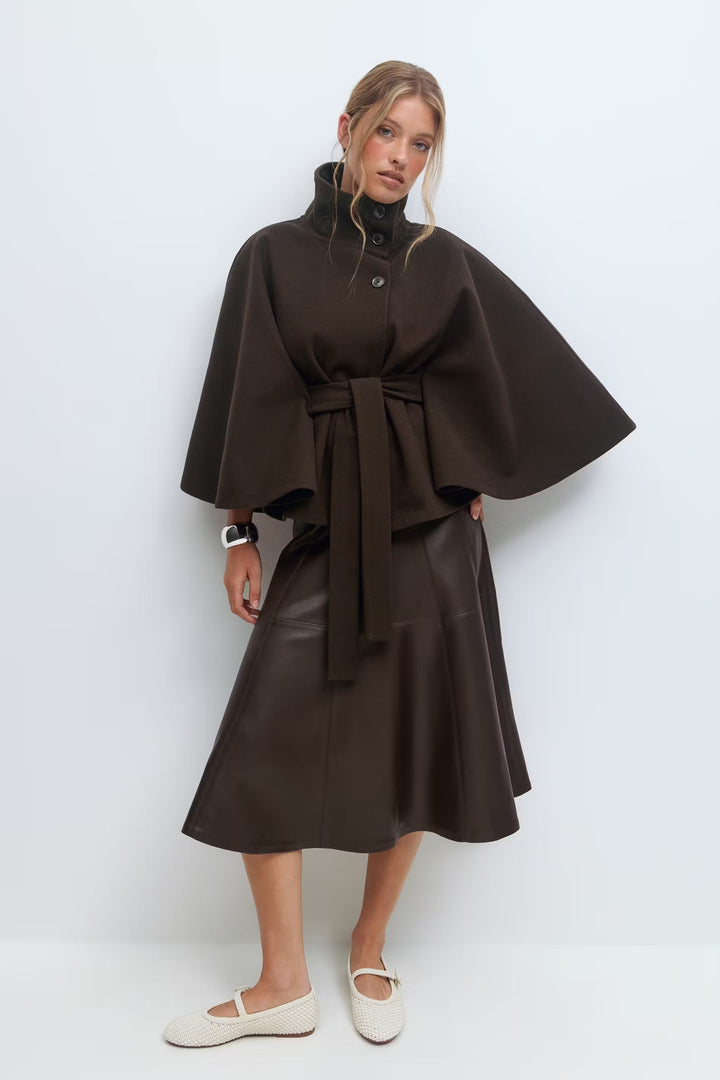 Women's Belted High-Collar Cape Coat for Office and Evening Wear