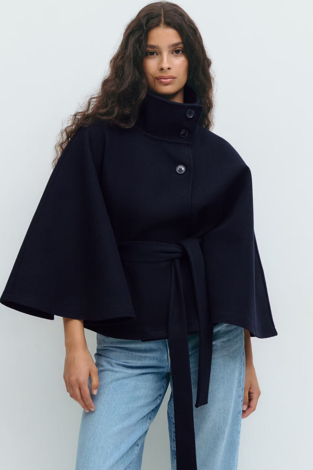 Women's Belted High-Collar Cape Coat for Office and Evening Wear