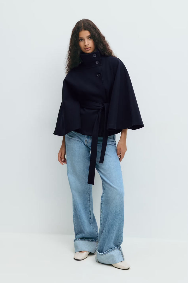 Women's Belted High-Collar Cape Coat for Office and Evening Wear