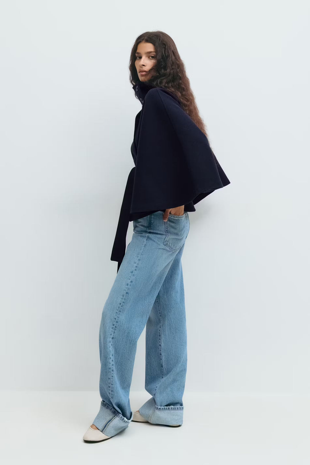 Women's Belted High-Collar Cape Coat for Office and Evening Wear