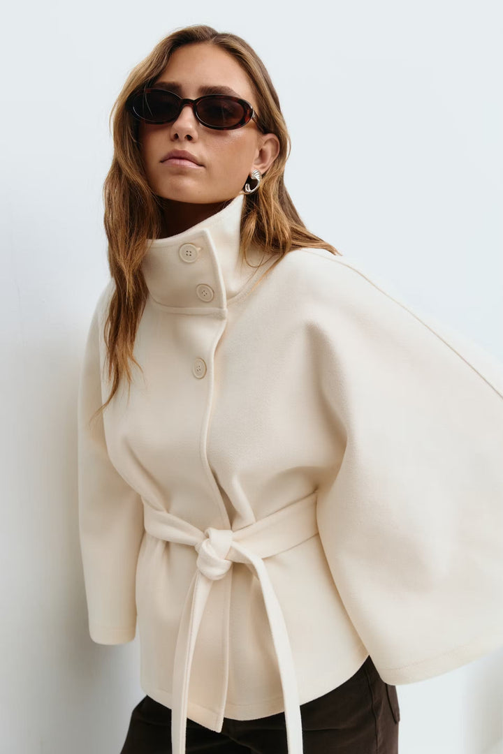 Women's Belted High-Collar Cape Coat for Office and Evening Wear