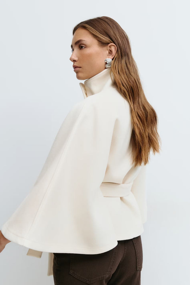Women's Belted High-Collar Cape Coat for Office and Evening Wear