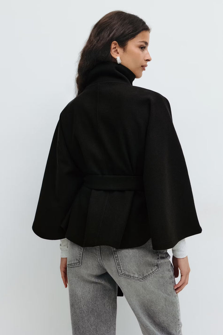 Women's Belted High-Collar Cape Coat for Office and Evening Wear
