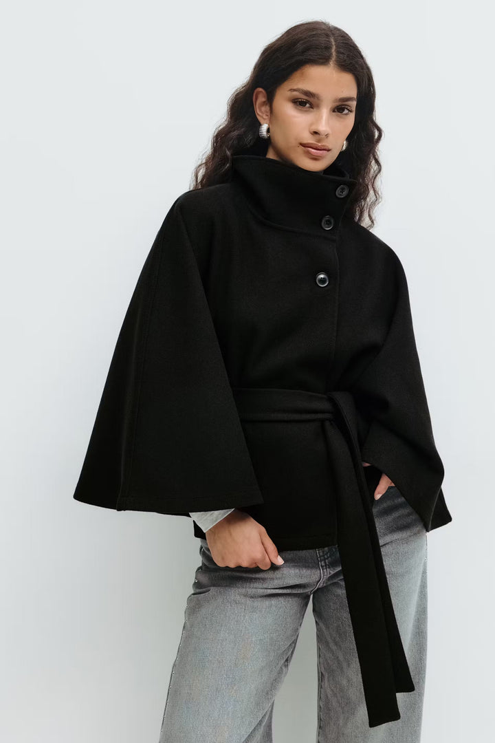 Women's Belted High-Collar Cape Coat for Office and Evening Wear