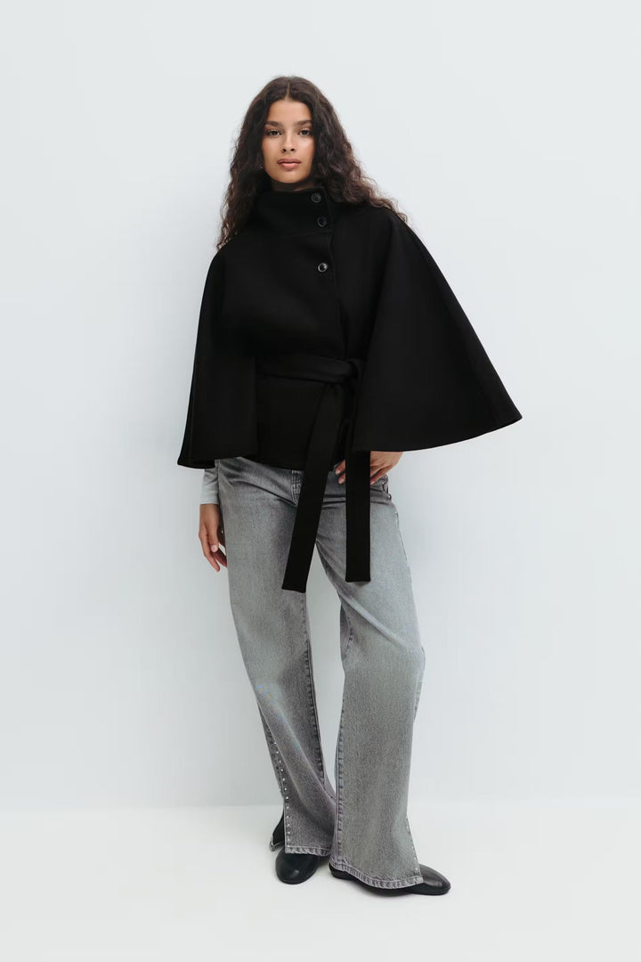 Women's Belted High-Collar Cape Coat for Office and Evening Wear