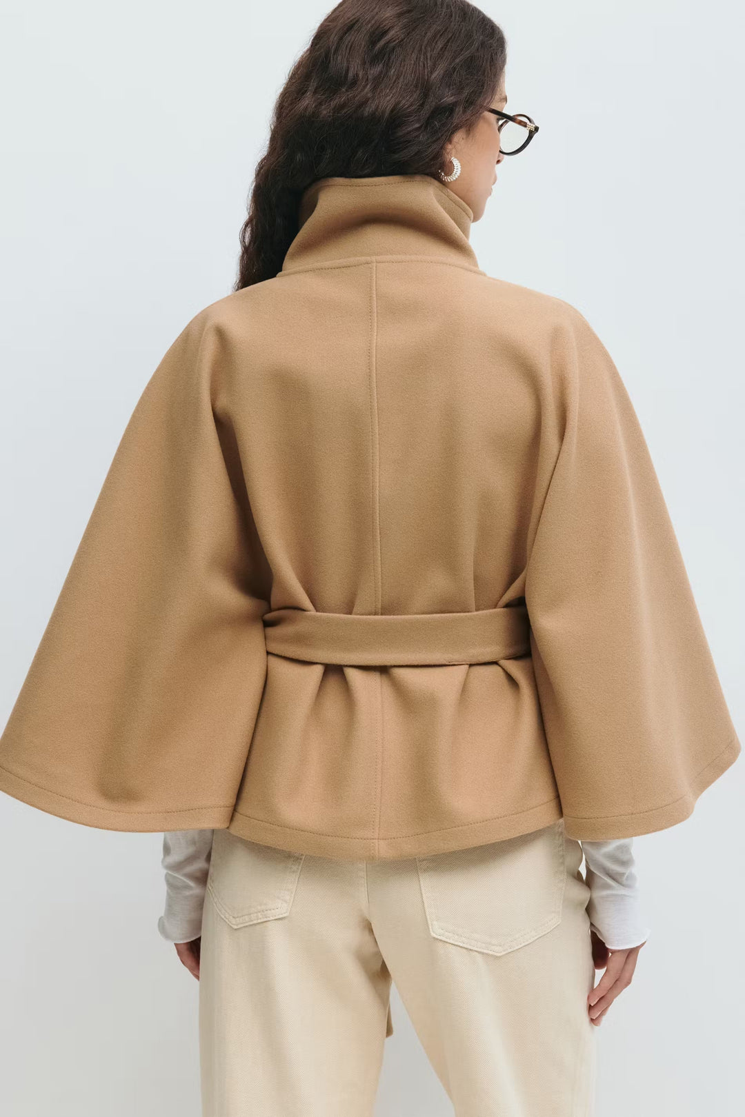 Women's Belted High-Collar Cape Coat for Office and Evening Wear