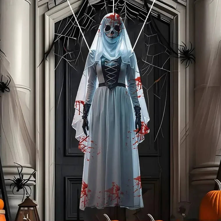 Halloween's Skull Bride Hanging Decoration with Weather-Resistant Fabric