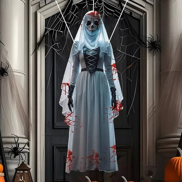 Halloween's Skull Bride Hanging Decoration with Weather-Resistant Fabric