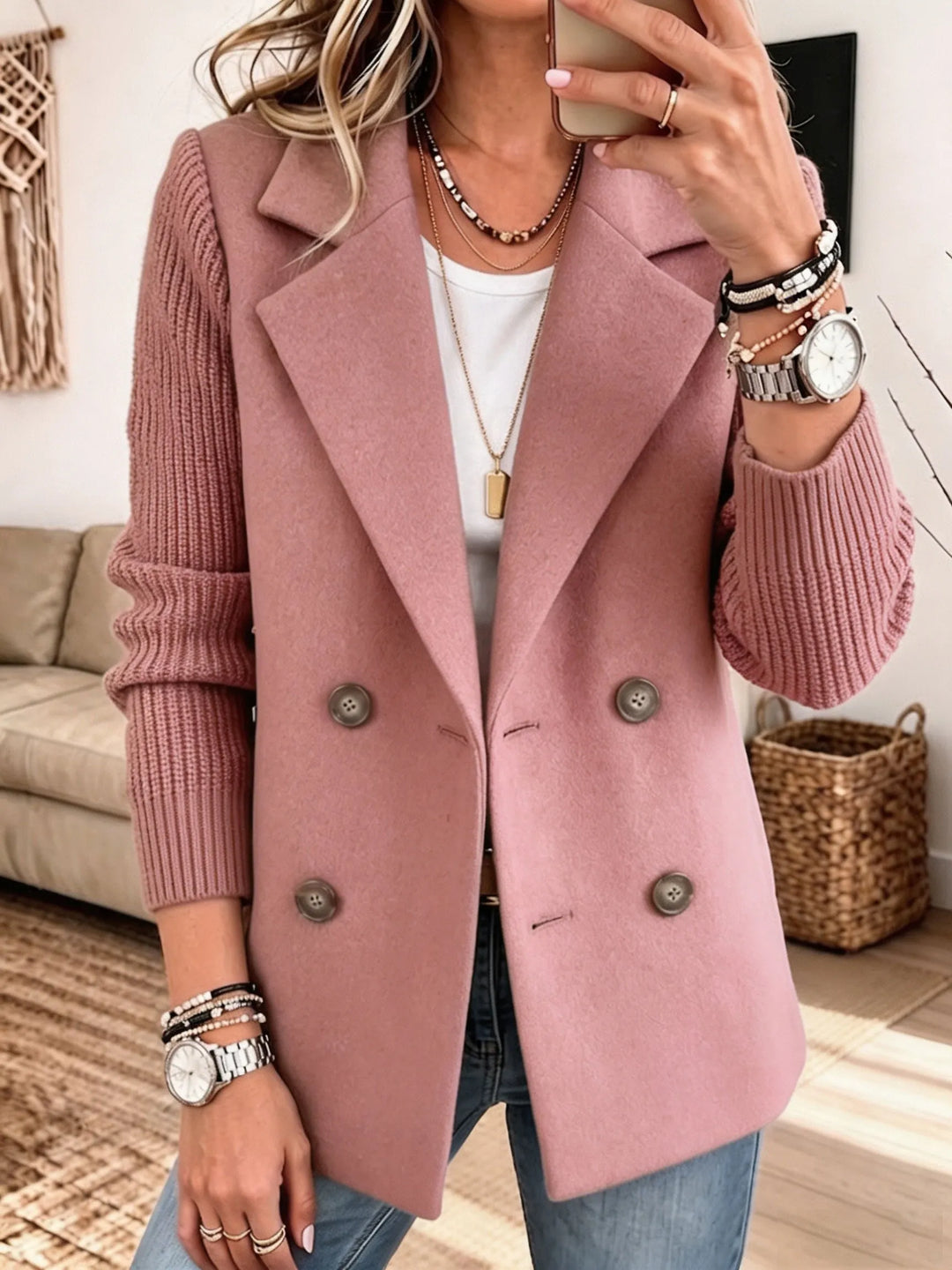 Women's Double-Breasted Blazer with Ribbed Knit Sleeves