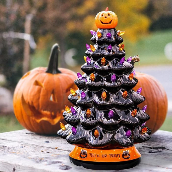 Halloween's LED Ceramic Holiday Tree with Purple Orange Beads