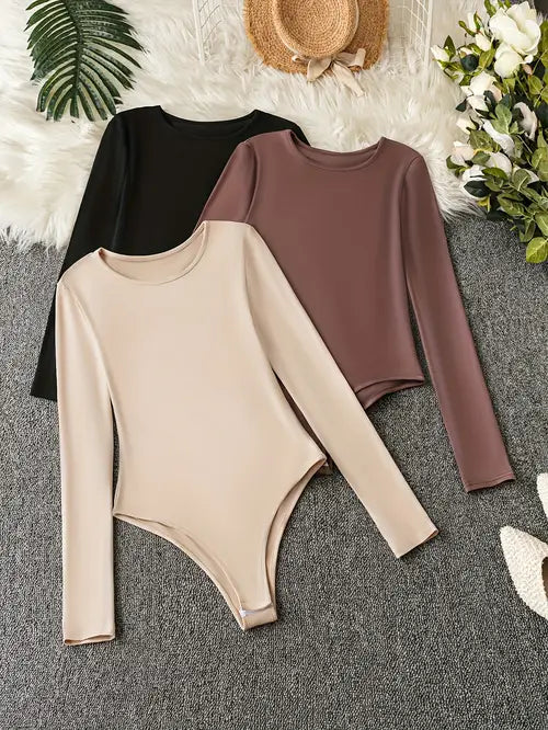 Women's 3-Pack Casual Long Sleeve Bodysuits