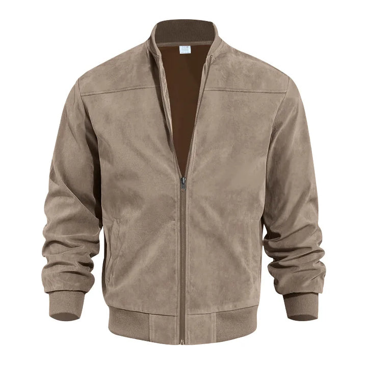 Men's Suede Bomber Jacket with Stand Collar for Casual Wear