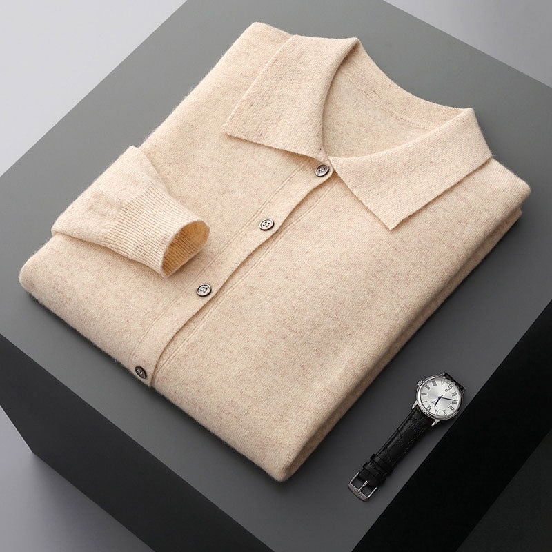 Men's Merino Wool Cardigan with Turn-Down Collar