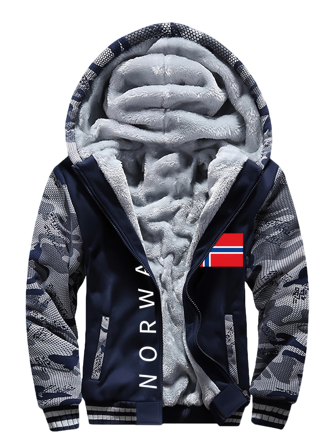 Men's Warm Fleece Hooded Jacket, Casual Color Block Coat for Winter