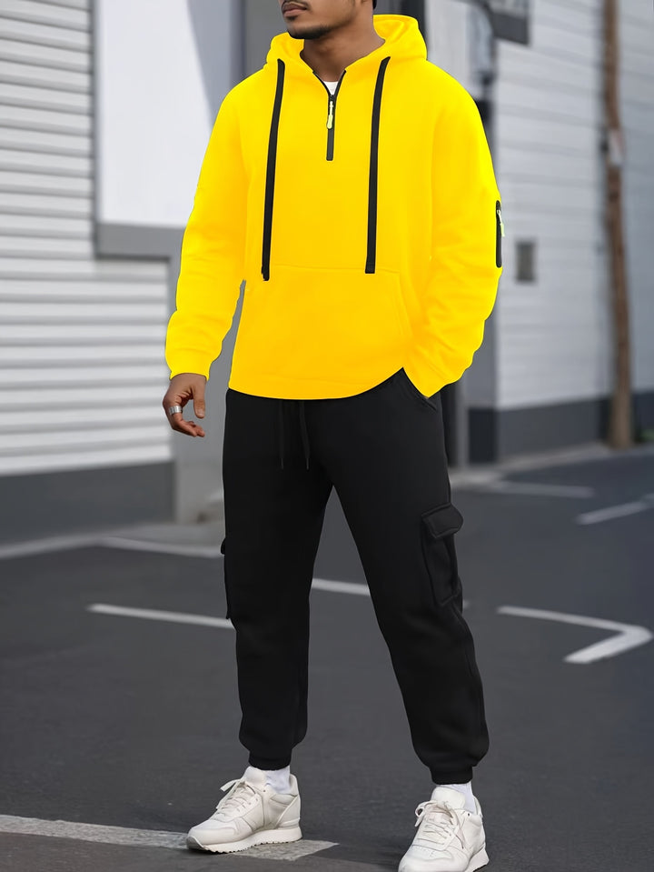 Men's Solid Color Half-Zip Long Sleeve Casual Hoodie with Pocket