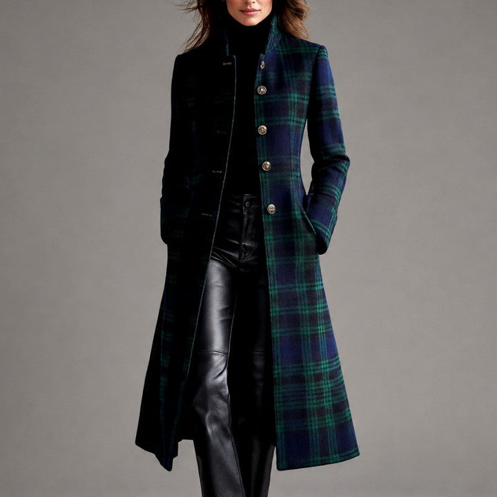 Women's Plaid Stand Collar Long Coat