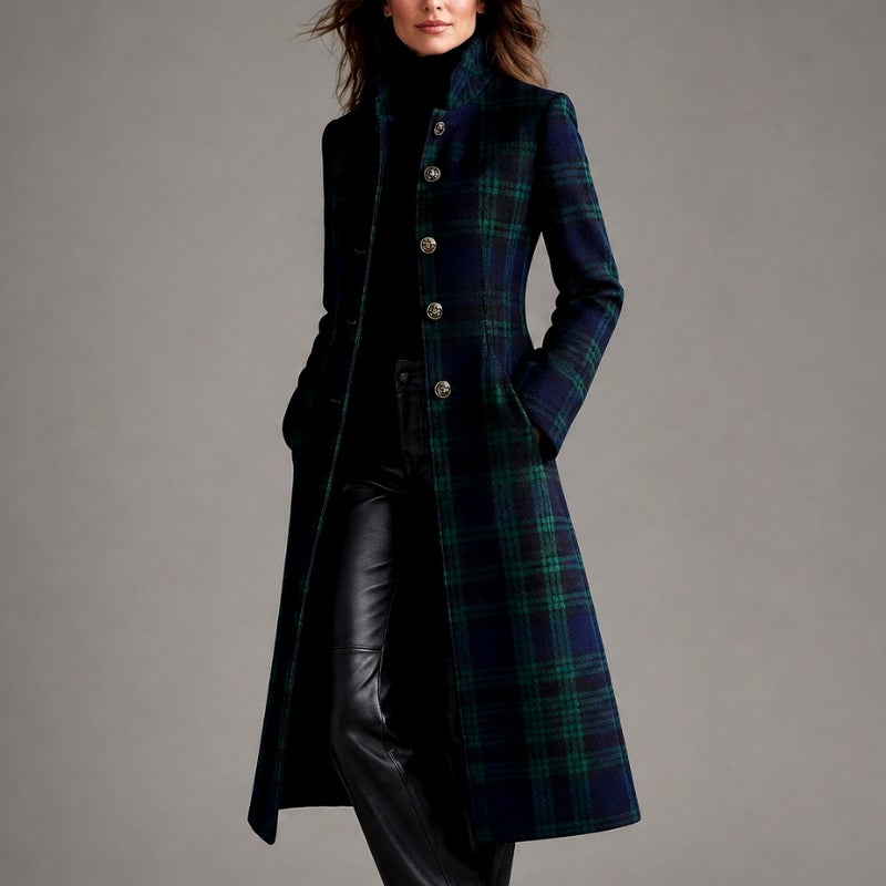 Women's Plaid Stand Collar Long Coat