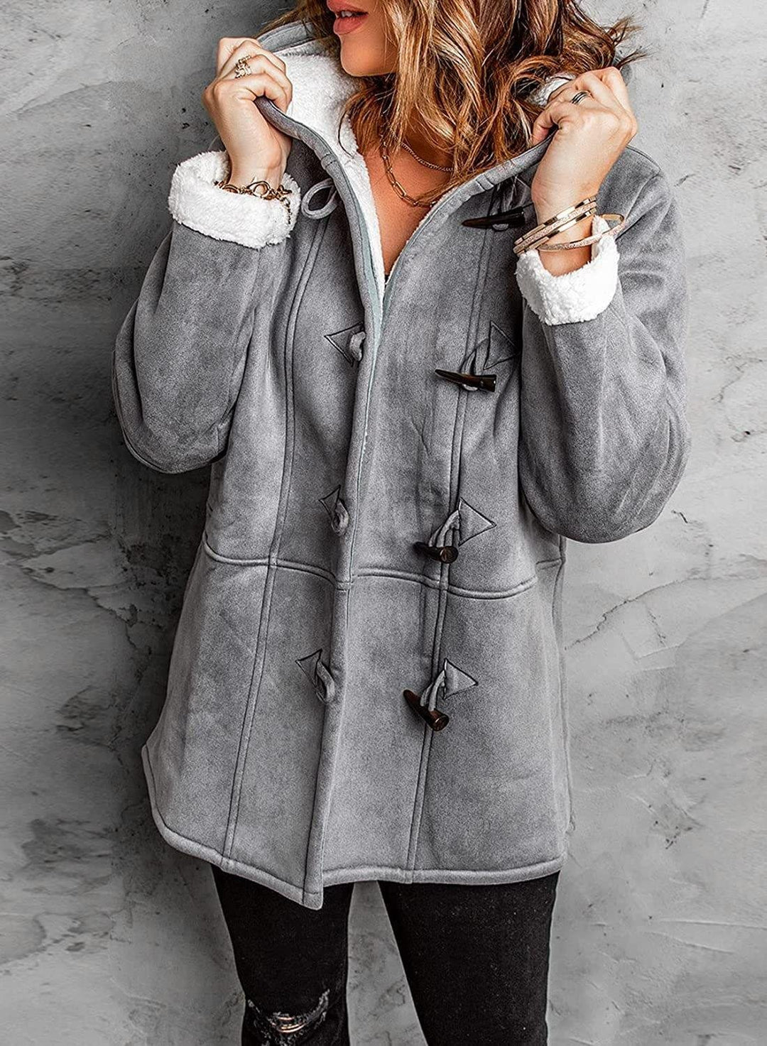 Women's Elegant Hooded Coat with Unique Button Details