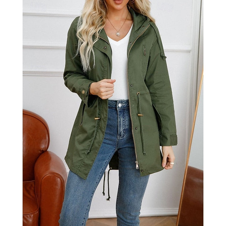 Women's Hooded Utility Coat with Drawstring Waist and Zip Closure
