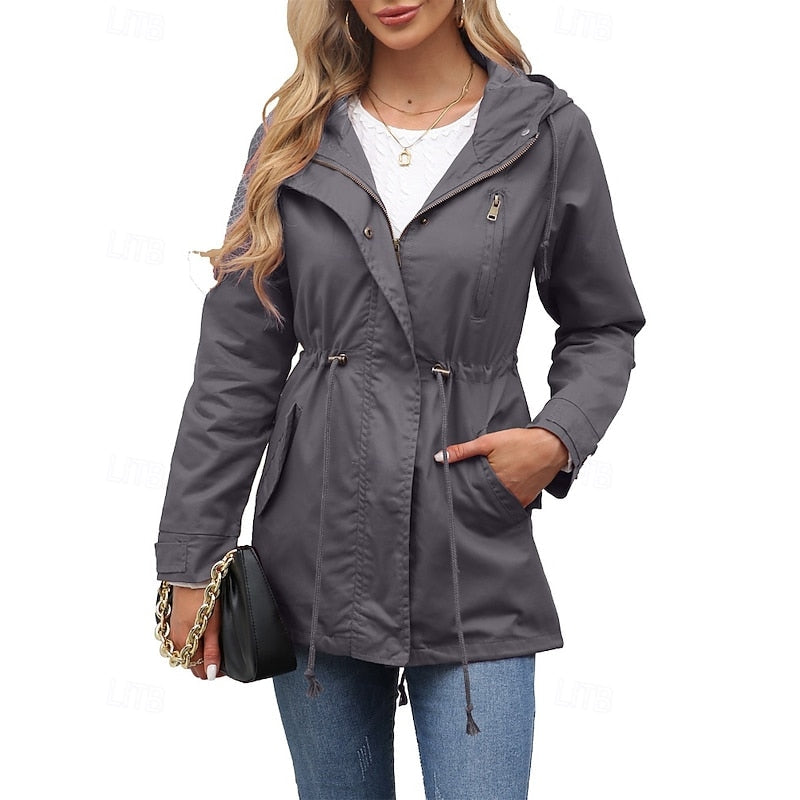 Women's Hooded Utility Coat with Drawstring Waist and Zip Closure