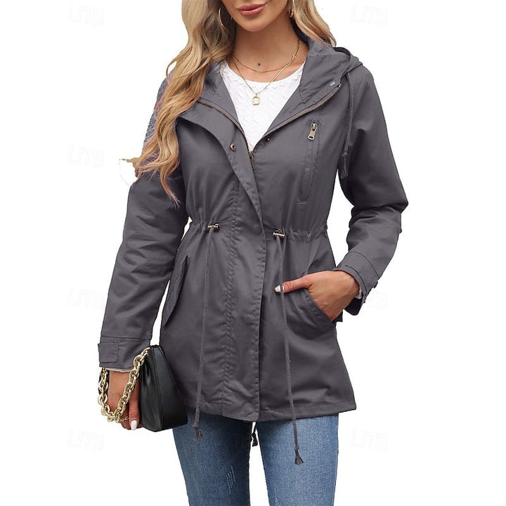 Women's Hooded Utility Coat with Drawstring Waist and Zip Closure