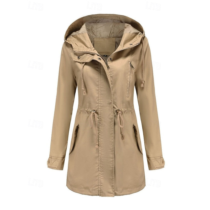 Women's Hooded Utility Coat with Drawstring Waist and Zip Closure