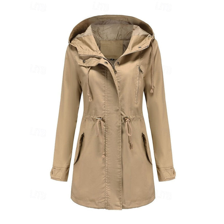 Women's Hooded Utility Coat with Drawstring Waist and Zip Closure