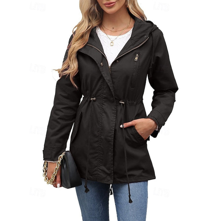 Women's Hooded Utility Coat with Drawstring Waist and Zip Closure