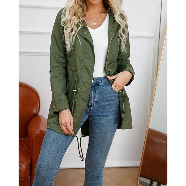 Women's Hooded Utility Coat with Drawstring Waist and Zip Closure