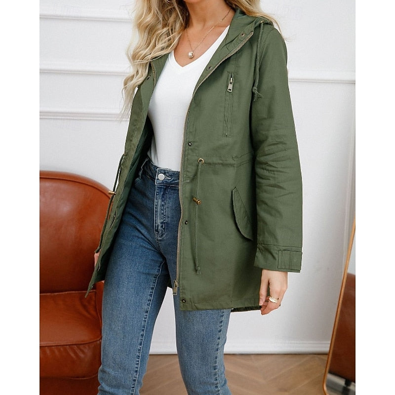 Women's Hooded Utility Coat with Drawstring Waist and Zip Closure